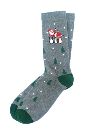 Noel Baba Desenli Gri Erkek Yılbaşı Temalı Çorap