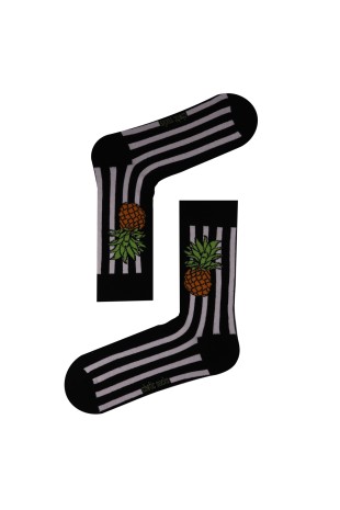 SİYAH SOKET ANANAS DESENLİ ÇİZGİLİ ÇORAP