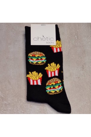 Siyah Hamburger Patates Desenli Soket Çorap