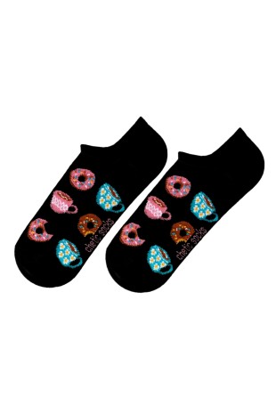 Donut ve Kahve Desenli Siyah Sneaker Çorap