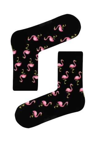 Siyah Soket Flamingo Desenli Çorap