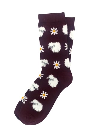 Fluffy Cute Sheep Patterned Burgundy Women Socks