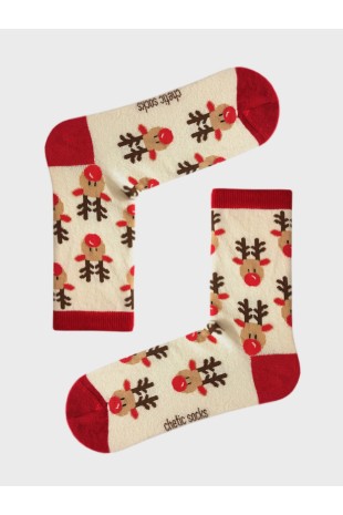 Krem Soket Noel Christmas Geyik Desenli Çorap
