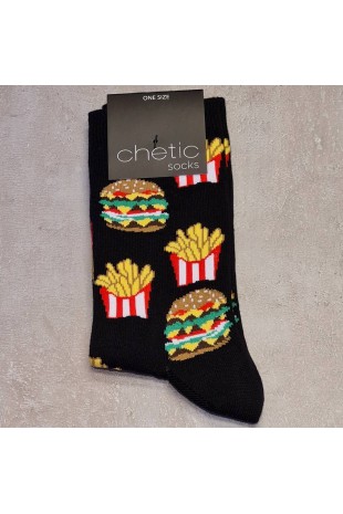 Siyah Hamburger Patates Desenli Soket Çorap